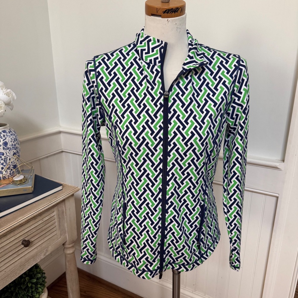J.McLaughlin Womens Geometric Full Zip Jacket Navy Green White Mock Neck Size M